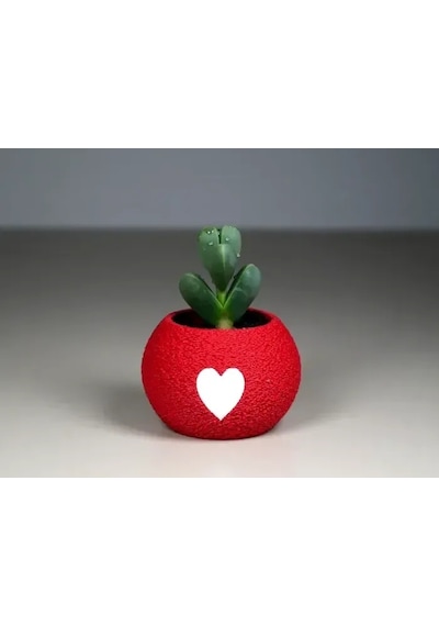 3d Baskı Kalpli Mini Saksı - Kırmızı Beyaz Dekoratif Saksı