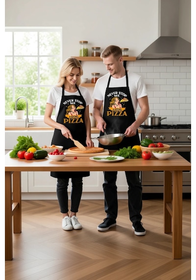 Kadın Unisex Mutfak Aşçı Önlüğü Pizza Temalı Vintage Baskı Rahat Siyah