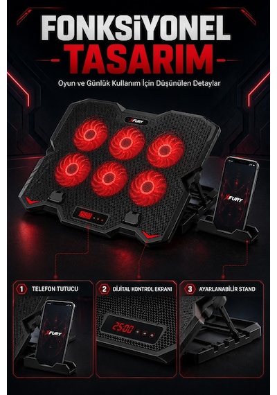 Fury E-sport Laptop Soğutucu 6 Fanlı Lcd Kontrol Panel Ayarlanabilir Dizüstü Bilgisayar Soğutma Fanı