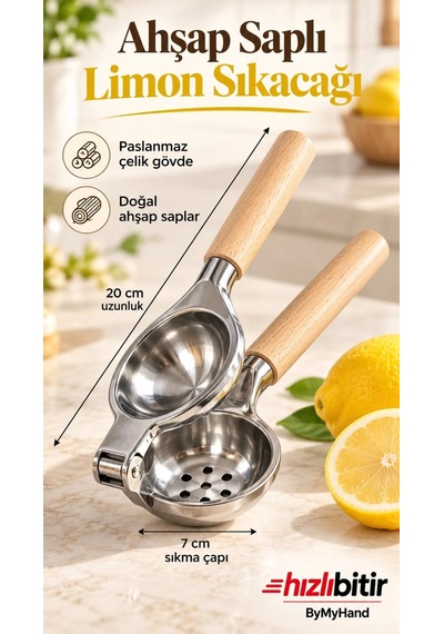Bymyhand Paslanmaz Çelik Kaplama Ahşap Saplı Limon Sıkacağı Narenciye Sıkacağı Büyük Boy Çok Renkli