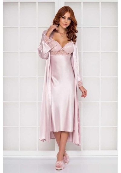 Pierre Cardin Pudra Uzun Saten Sabahlık Gecelik Set 4370 Pudra