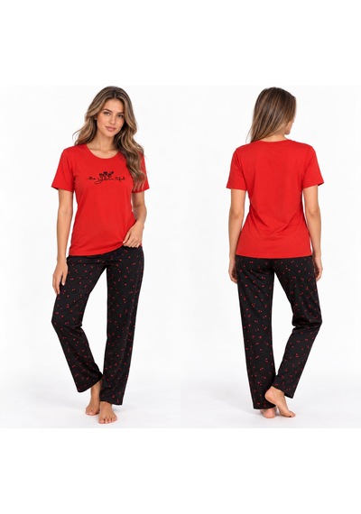 Manolya Kadın Kırmızı Baskılı Kısa Kollu Pijama Takımı Desenli Uzun Pantolonlu Rahat Ev Giyim Seti Manolya Kadın Kırmızı Baskılı Kısa Kollu Pijama Takımı Desenli Uzun Pantolonlu Rahat Ev Giyim Seti