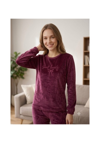 Kadın Uzun Kollu Manşetli Likralı Soft Kadife Pijama Takımı Bordo