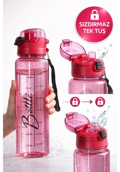 Pembe 1 Litre Suluk Matara Sızdırmaz Kilitli Kapaklı Bpa İçermez Okul Spor Su Şişesi 1000 Ml Askılı