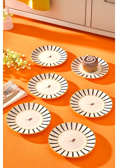 6 Lı Pasta Sunum Tabağı Seti - Lüks Modern Kuş Desenli Çizgili Kek Tatlı Kurabiye Tabak Takımı - 17 Cm Beyaz - Siyah