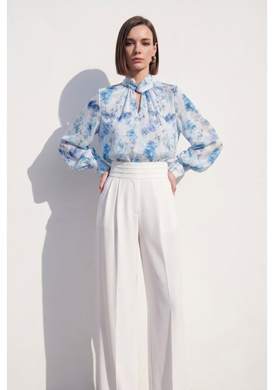 Sateen Çiçek Desenli Bluz - Mavi-137402