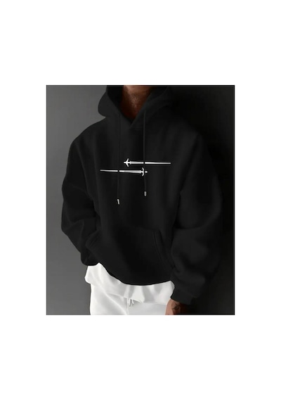Herkesemoda Uçak Baskı Detaylı İçi Polarlı Kapüşonlu Sweatshirt Siyah