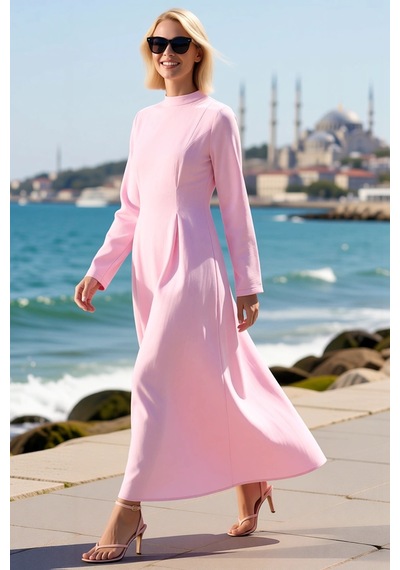 Benerly Kadın Maxi Boy Bisiklet Yaka Uzun Kollu Modal Dokuma Elbise Astar Pembe