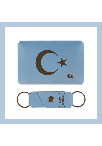 Miaju Açık Mavi, Ay Yıldız Desenli, İsme Özel, Cüzdan Ve Anahtarlık Set, Hediyelik Anı, Muhteşem Hatıra Açık Mavi