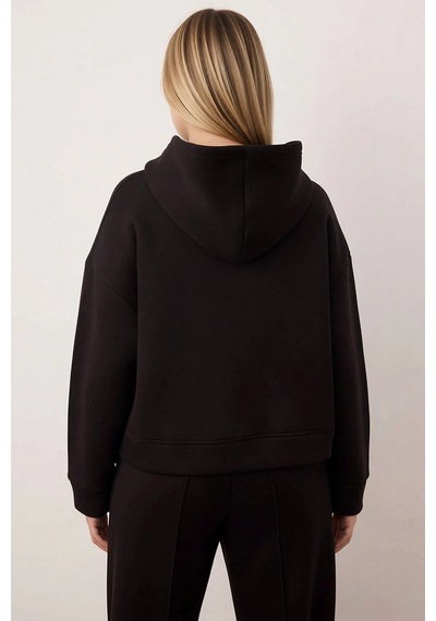 Benerly Kadın Kapüşonlu Düşük Kol Oversize Crop Sweatshirt Fonksiyonel Da siyah