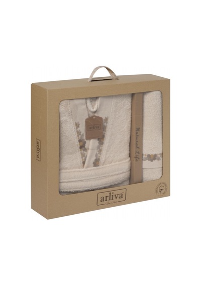 Arliva Home Mono Naturel Nakışlı Bukle Bornoz Seti Krem