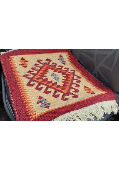 Reversible Oto Koltuk Kilim Seti 3 Parça Makine Dokuma Akrilik & Polyester Saçaklı - Kırmızı