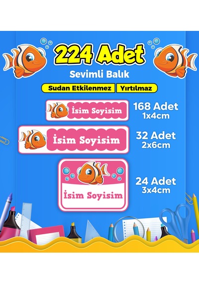 Sevimli Balık Temalı Okul Kreş Kişiye Özel İsim Etiket Seti - Model 79 Çok Renkli