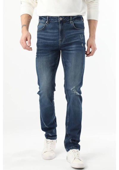 Erkek Dizi Yırtık Jean Pantolon Koyu Mavi 001