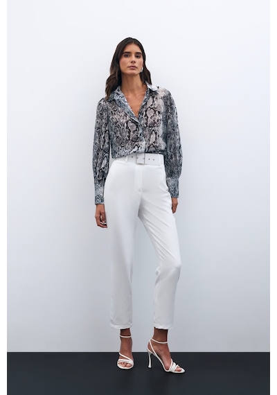 Sateen Yüksek Bel Kemerli Pantolon - Ekru