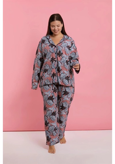 Kadın Büyük Beden Somon Yaprak Desenli Düğmeli Pijama Takımı Somon