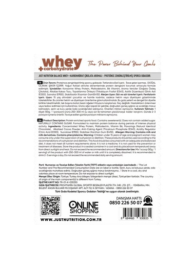 Just Nutrition Whey Protein Tozu + Karbonhidrat 400 Gr 8 Servis Çikolata + Shaker + Protein Kahve Hediyeli çikolata