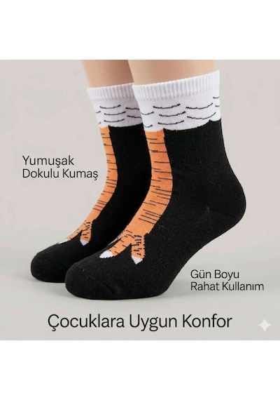 Tavuk Ayağı Desenli Çocuk Çorap Siyah Turuncu Eğlenceli Hayvan Figürlü Yumuşak Dokulu Günlük Çorap