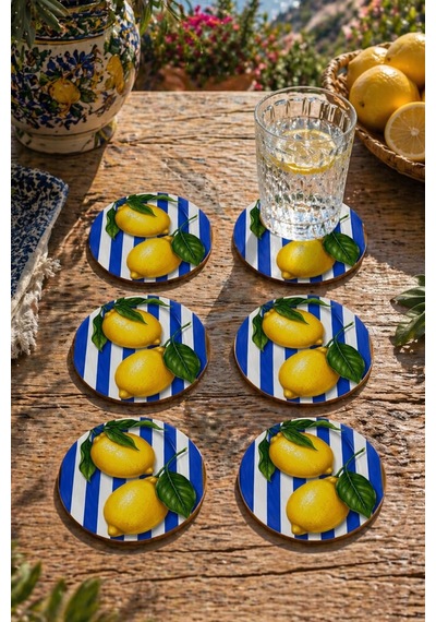 Çizgili Limon Desenli Bardak Altlığı 6lı Set 9 Cm Mdf Çok Renkli