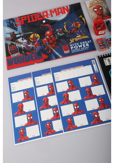 Spiderman Lisanslı 14 Parça Kırtasiye Seti, Çıtçıt Dosya, Okul Etiketi, Bloknot, Kurşun Kalem, Kırmızı