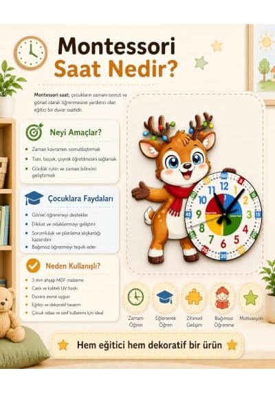 Sevimli Geyik Montessori Çocuk Odası Eğitici Ahşap Duvar Saati - Sessiz Mekanizma, Şık Tasarım Saat