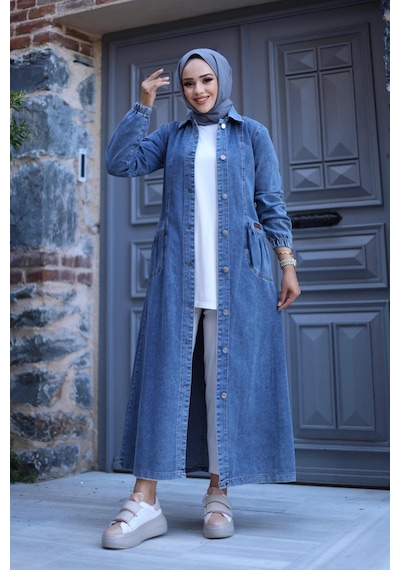 Harman Butik Kadın Düğmeli Cepli Kar Yıkamalı Denim Kot Kap Koyu Kot Mavi Koyu Kot Mavi