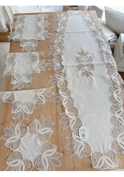 Salon Takımı Çeyizlik Kreme Gümüş Runner Set 5 Parça Keten Ranır Masa Konsol Sehpa Örtüsü Kayla