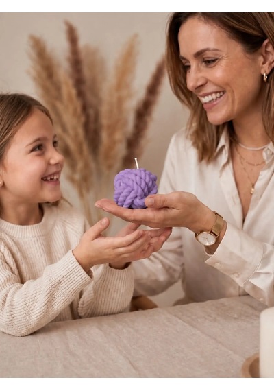 Mumelia Örgü Sıcaklığı - Doğal Soya Dekoratif Blok Mum - Küçük Boy - Mor - 2'li