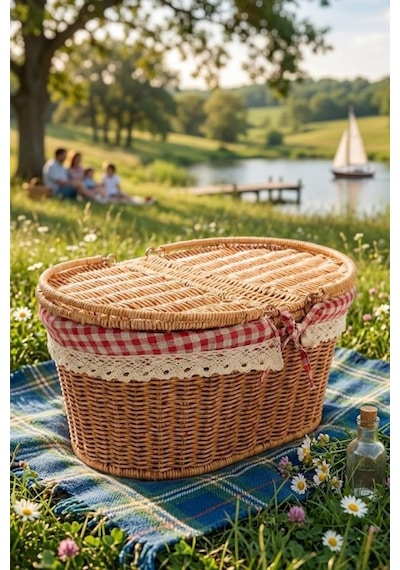 Atbyhome Hasır Piknik Sepeti Kapaklı Ve Bezli Rattan Sepet Organizer 40x29x18 Kahverengi