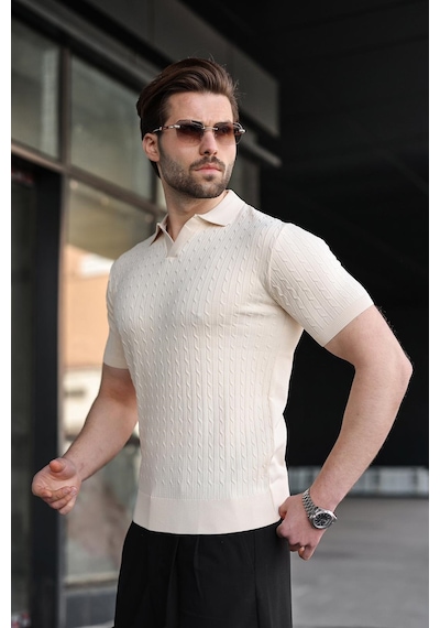 Madmext Taş Rengi Slim Fit Polo Yaka Triko Erkek Tişört E7472 Taş Rengi