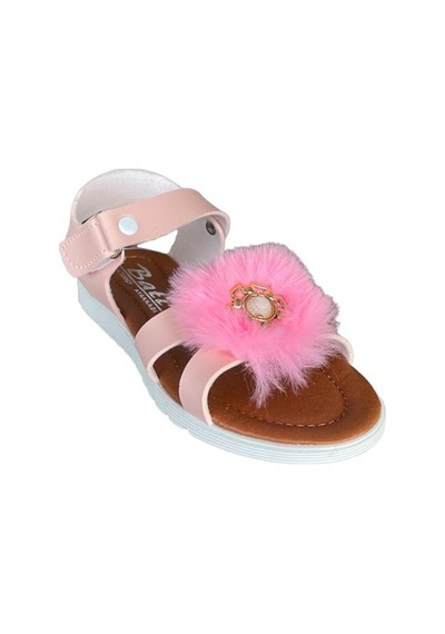 Cırtlı Peluş Fiyonklu Kız Çocuk Sandalet Pudra-pudra Pudra