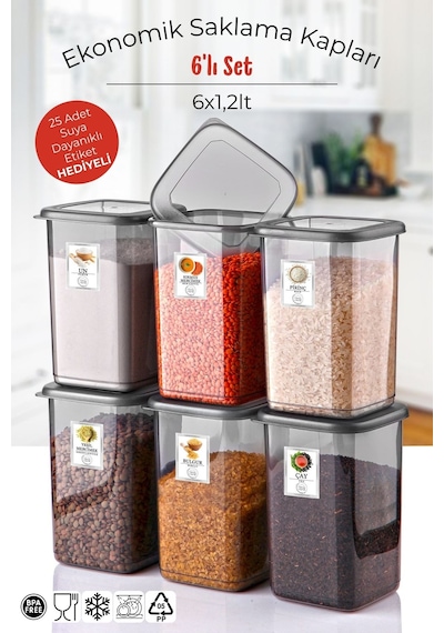 Etiketli 6'lı Antrasit Ekonomik Kırılmaz Saklama Kabı Seti 6x1,2 Lt. Antrasit