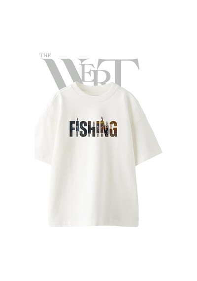 Thewert Fisherman Silhouette Tasarım Baskılı Ünisex Beyaz Oversize T-shirt