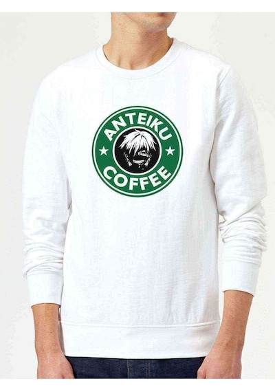 Anime Tokyo Ghoul Anteiku Coffee Baskılı Beyaz Erkek Örme Sweat (528465137)
