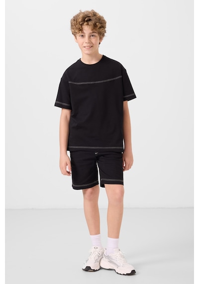 Siyah Pamuklu Oversize Fit Dokuma Hafif Esnek Chino Erkek Çocuk Şort Takım - 11279 Siyah
