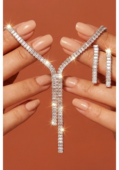 Valmont Accessories 39 Cm Zirkon Taşlı Y Model Şık Işıltılı Tasarım Düğün, Kına, Nişan Gelin Takı Seti Gümüş