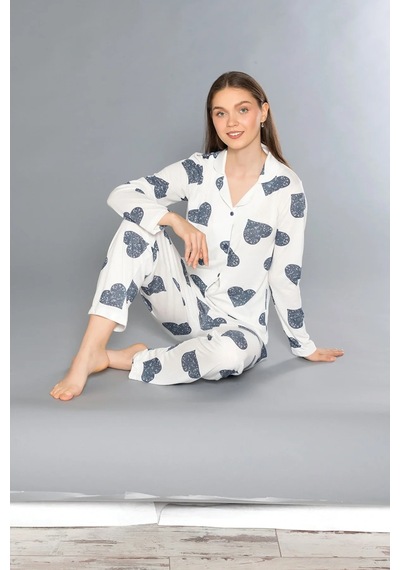 Kadın Yazlık Uzun Kol Önden Düğmeli Pijama Takımı 790-71 Lacivert