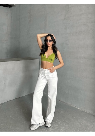 Kene Jeans Kadın Beyaz Yüksek Bel Paça Kesik Bol Paça Jeans Pantolon Beyaz