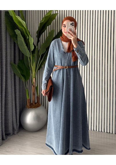 Molly Nelly Kadın V Yaka Pile Detaylı Oversize Kot Tesettür Elbise Mavi