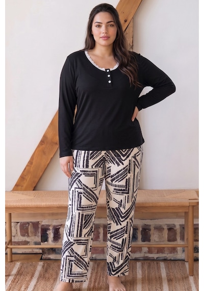 Siyah İnci Siyah Desenli Düğmeli Büyük Beden Battal Boy Viskon Örme Pijama Takım 26224857