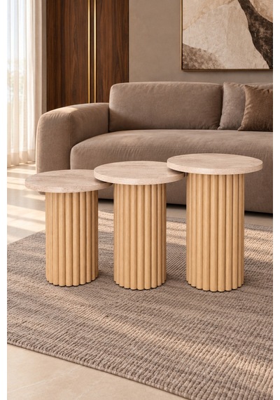Soyasis Livia Bohem 3'lü Zigon Sehpa 40 Cm - Traverten