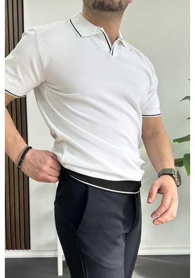Erkek Açık Yaka Şerit Detaylı Tişört Beyaz Edw235 Beyaz