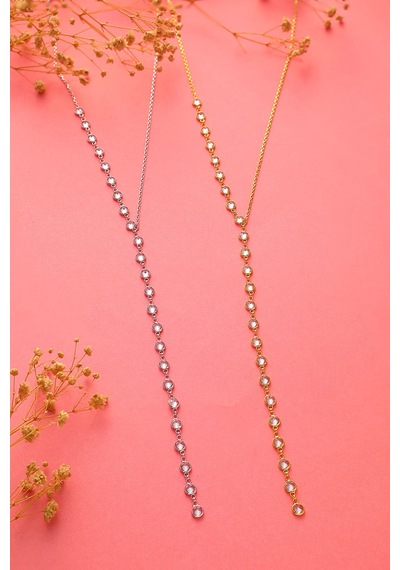 Queen Silver Jewelry 925 Ayar Gümüş Yuvarlak Zirkon Taşlı Yarım Tamtur Kolye Altın