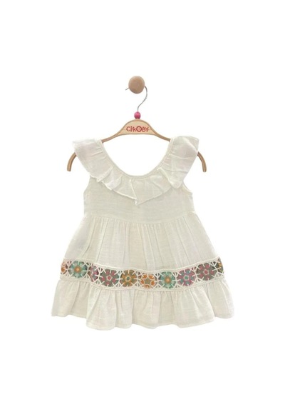 Çikoby Kız Bebek Motifli Yakası Fırfırlı Elbise-13952 Ekru