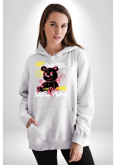 Dışarı Çık Ve Oynayalım Teddy Kadın Erkek Beyaz Kapüşonlu Sweatshirt Hoodie Beyaz