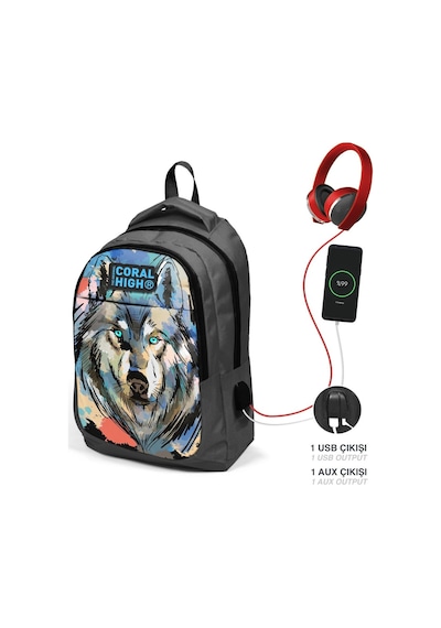 Coral High Kids Gri Siyah Kurt Desenli Üç Bölmeli Usb'li Okul Sırt Çantası 24317