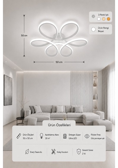 Niva Led Plafonyer Avize 3 Renk Kumandalı Beyaz