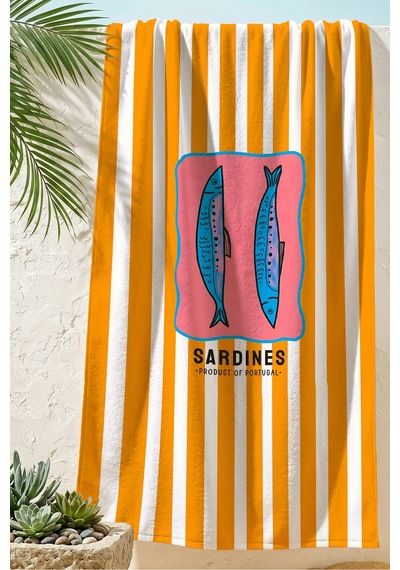 Çizgili Marine Sardalya Balık Temalı Plaj Havlusu - Akdeniz Stil Sarı Beyaz Mikrofiber Havlu Serin Çayı