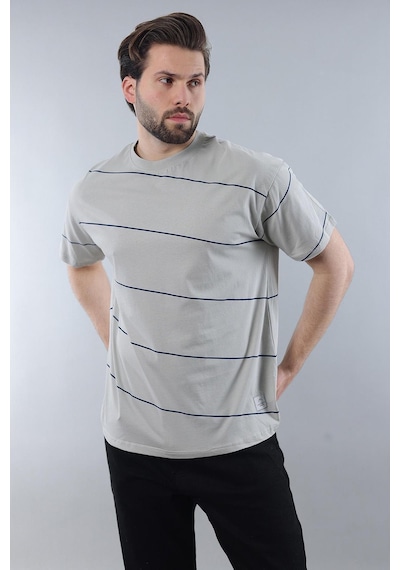 Madmext Boyalı Gri Bisiklet Yaka Basic Çizgili Erkek T-shirt E7102 Boyalı Gri