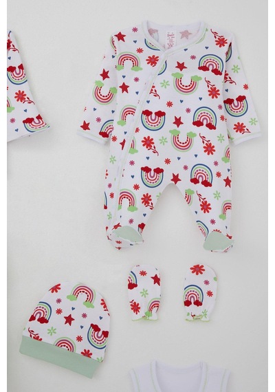 Breeze Kız Bebek Hastane Çıkışı 8 Li Gökkuşağı Masalı Çiçek Desenli 0-3 Ay, Beyaz Beyaz
